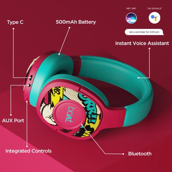 boAt Rockerz 550 Bluetooth Wireless Over Ear Headphones with Upto 20 Hours Playback, 50MM Drivers, Soft Padded Ear Cushions and Physical Noise Isolation with Mic (Maroon Maverick)