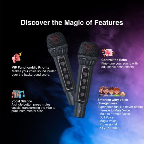 FINGERS 2Mic-Karaoke Portable Speaker with 2 Wireless Mics (RGB Lights, 6-Hour Playback, 24 W Intense Bass, Bluetooth® | USB | MicroSD | FM Radio) – Rich Black