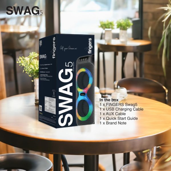 FINGERS Swag5 Bluetooth Portable Speaker (with RGB lights, 10 W Deep Bass, FM, USB, MicroSD, AUX, Mic in (6.35 mm), Multi-point Technology, Provisional Slot for Wired/Wireless Mic)