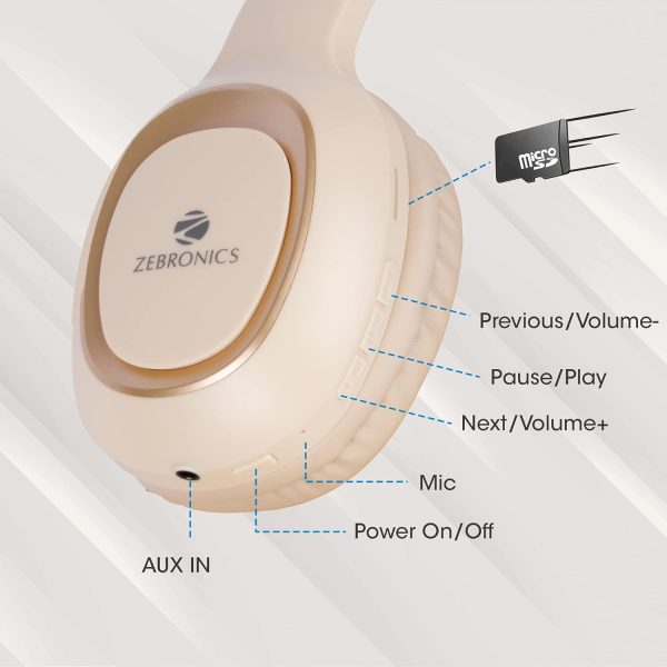 Zebronics Zeb - Paradise Bluetooth Wireless On Ear Headphones With Mic Comes With 40Mm Drivers, Aux Connectivity, Built In Fm, Call Function, 15Hrs* Playback Time And Supports Micro Sd Card (Beige)