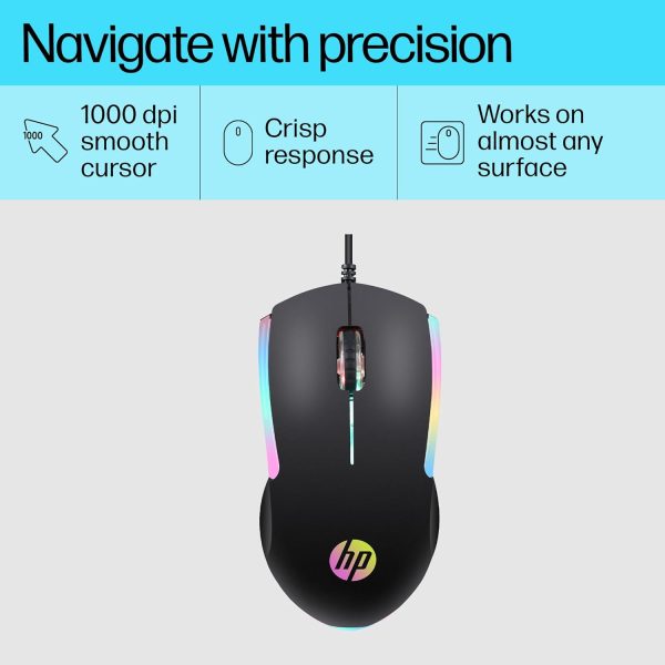 HP M160 USB Wired Gaming Optical Mouse with LED Backlight, 1000 DPI, 3 Buttons and Press Life Up to 3 Million Clicks, 1 Year Warranty (843W8AA, Black)