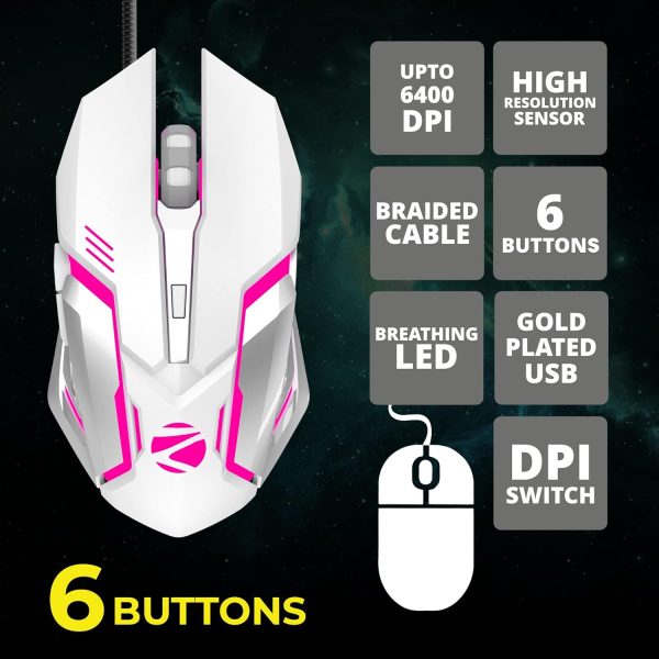 Zebronics Transformer Gaming Usb Keyboard & Mouse Combo,Braided Cable,Durable Al body,Multimedia keys & Gaming Mouse with 6 Buttons, Multi-Color LED Lights, High-Resolution Sensor with 3200 DPI(white)