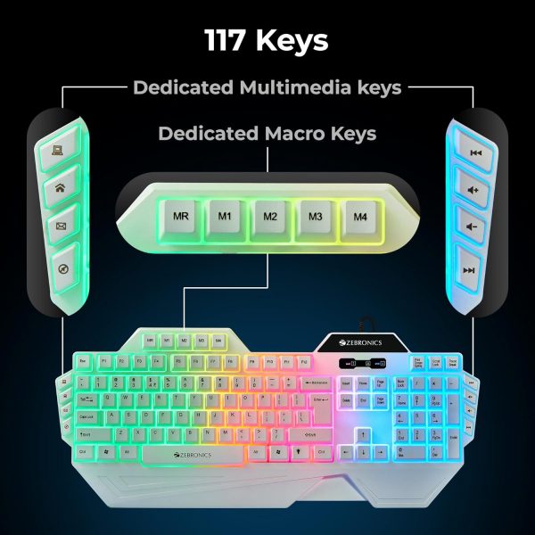 ZEBRONICS OPTIMUS Gaming Keyboard & Mouse Combo, Braided Cable, Gold Plated USB, Upto 3600 DPI, 6 Buttons, High Resolution Sensor, Multicolor LED, Dedicated Macro Keys, 117 Keys (White)