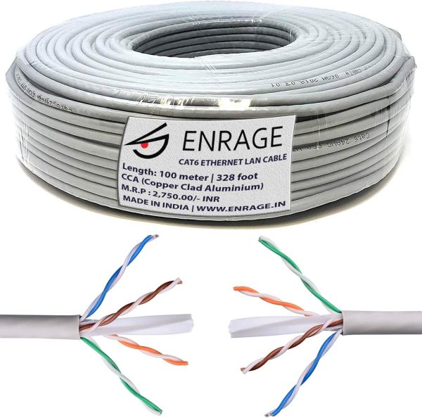 Enrage® 100 Meter CAT6 Cable Ethernet Network LAN UTP Cable 100 Meter Bulk Bundle | CCA Copper Clad Aluminum - Grey