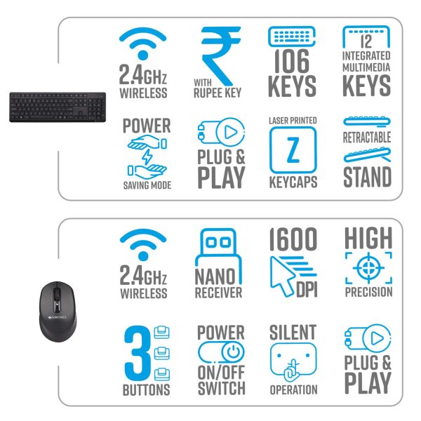 Zebronics COMPANION 200 Wireless combo with Silent operation mouse, Full size Keyboard, 1600 DPI, Integrated Multimedia, ON/OFF, Power saving mode, 2.4GHz Nano receiver and Plug play usage (Black)