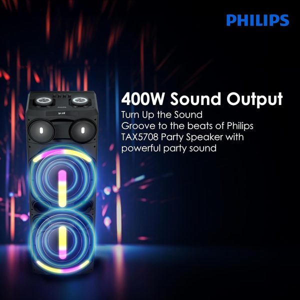 PHILIPS Audio Newly Launched TAX5708 Bluetooth Party Speaker, 400W Max Output - Dynamic Bass Boost & Karaoke | Guitar & Mic Support, Multipoint Connectivity, Party Lights & Handle with Wheels (Black)