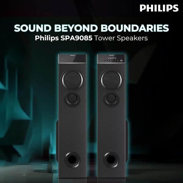 Philips Audio SPA9085 2.0CH 100W Multimedia Tower Speakers with Wireless Microphone,Multi-Connectivity Option with Supporting USB, AUX, FM,Mic & Thumping Bass with Karaoke(Black)