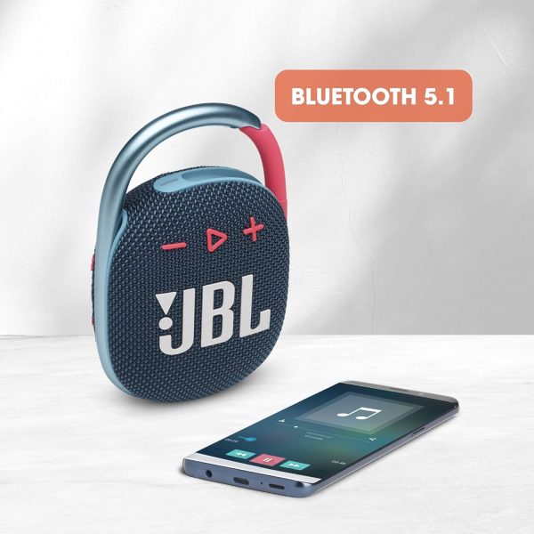 JBL Clip 4, Wireless Ultra Portable Bluetooth Speaker, JBL Pro Sound, Integrated Carabiner, Vibrant Colors with Rugged Fabric Design, Dust & Waterproof, Type C (Without Mic, Blue & Pink)