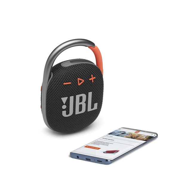 JBL Clip 4, Wireless Ultra Portable Bluetooth Speaker, Pro Sound, Integrated Carabiner, Vibrant Colors with Rugged Fabric Design, Dust & Waterproof, Type C (without Mic, Black & Orange)