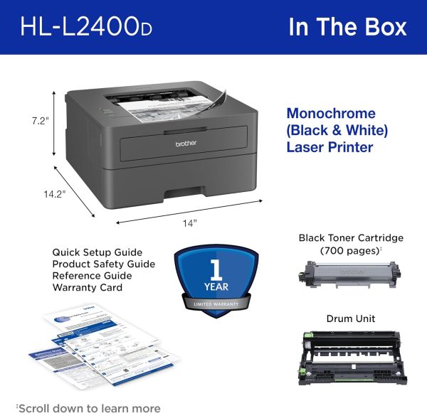 Brother HL-L2400D Compact Monochrome Laser Printer with Duplex Printing, USB Required (Cable not Included), Black & White Output