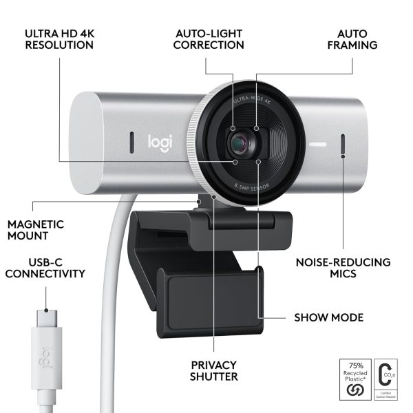 Logitech Mx Brio Ultra Hd 4K Collaboration and Streaming Digital Webcam, 1080P at 60 Fps, Dual Noise Reducing Mics, Show Mode, USB-C, Webcam Cover, Works with Microsoft Teams, Zoom, Google Meet