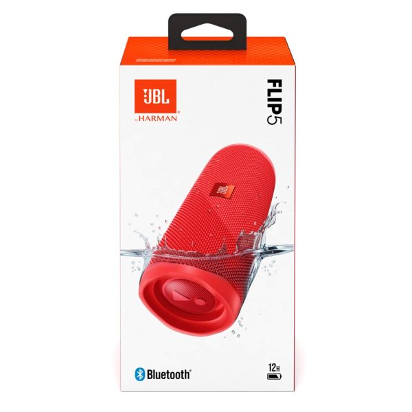 JBL Flip 5 Wireless Portable Bluetooth Speaker, Signature Sound with Powerful Bass Radiator, Vibrant Colors with Rugged Fabric Design, PartyBoost, IPX7 Waterproof & Type C (Without Mic, Red)