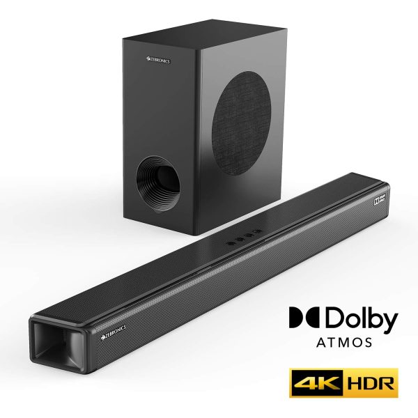 Zebronics ZEB-JUKE BAR 9800 DWS PRO DOLBY ATMOS Bluetooth Home Theater Soundbar With Digital Wireless Subwoofer Supporting 4K HDR, USB, AUX, Optical, 3xHDMI & Remote Control. (450 Watt, 2.1.2 Channel)