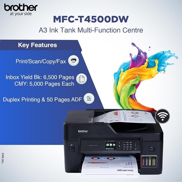 Brother MFC-T4500DW A3 Ink Tank Printer, Multifunction Print Scan Copy Fax, Auto Duplex, ADF, WiFi WiFi Direct LAN USB, Print Up to 6500 Pages in Black & 5000 in Color Each for(CMY), Free Installation