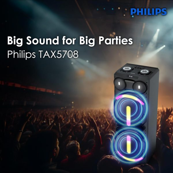 PHILIPS Audio Newly Launched TAX5708 Bluetooth Party Speaker, 400W Max Output - Dynamic Bass Boost & Karaoke | Guitar & Mic Support, Multipoint Connectivity, Party Lights & Handle with Wheels (Black)