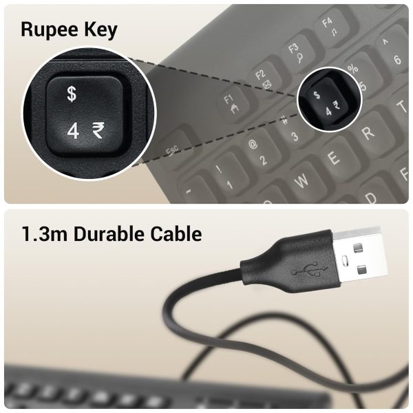 ZEBRONICS K51 Wired Keyboard with 105 Keys, 1.3m Cable, ₹ Key, USB Interface, 12 Integrated Multimedia Keys, Slim Design, Plug and Play (Black)