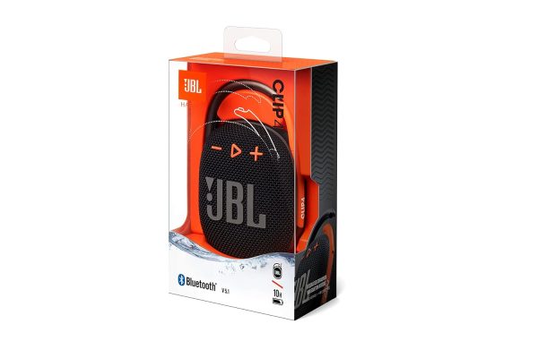 JBL Clip 4, Wireless Ultra Portable Bluetooth Speaker, Pro Sound, Integrated Carabiner, Vibrant Colors with Rugged Fabric Design, Dust & Waterproof, Type C (without Mic, Black & Orange)