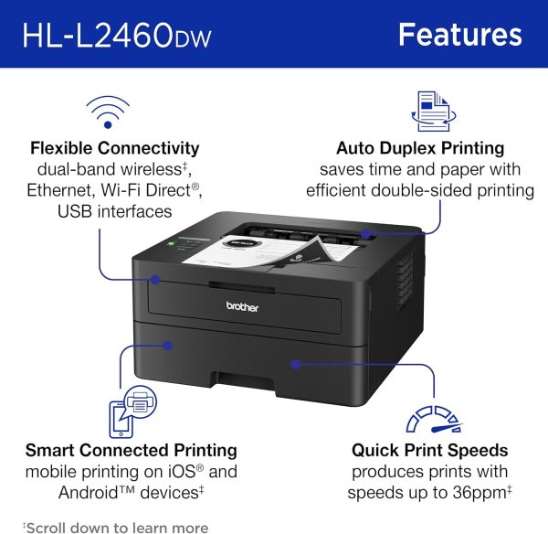 Brother HL-L2460DW Wireless Compact Monochrome Laser Printer with Duplex, Mobile Printing, Black & White Output | Includes Refresh Subscription Trial(1), Amazon Dash Replenishment Ready