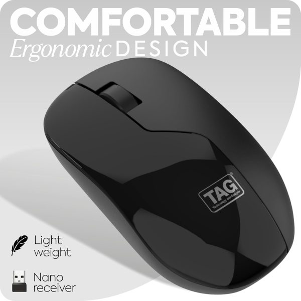 TAG WM600 Wireless Mouse | 1200 DPI Optical Sensor | 2.4 GHz USB Nano Receiver Connectivity | 10m Range | Ergonomic Design | Plug and Play Usage | Compatible with PC, Laptop, Mac (Black)