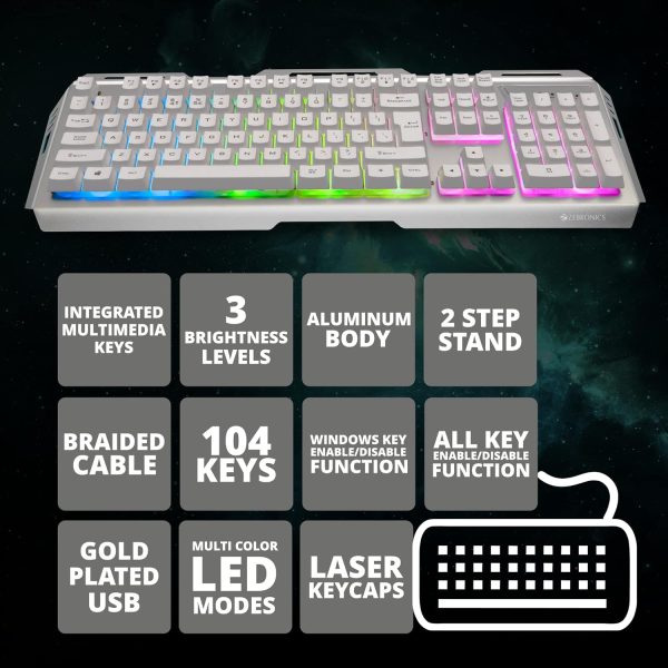 Zebronics Transformer Gaming Usb Keyboard & Mouse Combo,Braided Cable,Durable Al body,Multimedia keys & Gaming Mouse with 6 Buttons, Multi-Color LED Lights, High-Resolution Sensor with 3200 DPI(white)