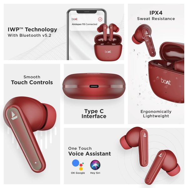 boAt Airdopes 115 in Ear TWS Earbuds with ENx & Beast Mode, Upto 24 Hrs Playback and ASAP Charge(Raging Red)