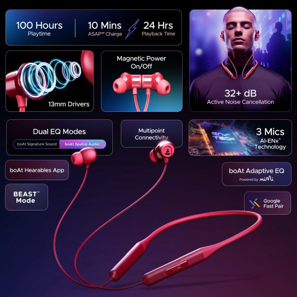 boAt Rockerz 255 ANC Bluetooth Wireless in Ear Earphones with 100 Hours Playback, Spatial Audio, 32dB ANC, ASAP Charge(10Mins=24HRS), 3 Mics AI ENx Tech,13mm Drivers & Dual EQ Modes(Magenta Pop)