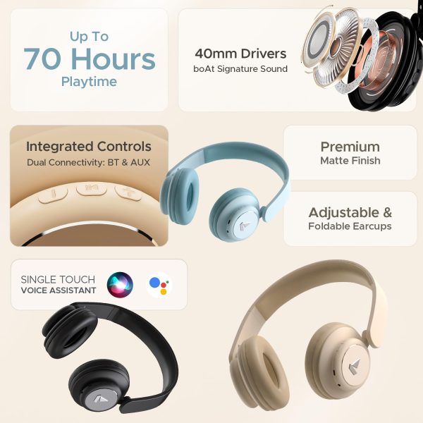 boAt Rockerz 450 Pro Bluetooth Wireless On Ear Headphones with Mic with 70 Hours Battery, 40Mm Drivers, Bluetooth V5.0 Padded Ear Cushions, Easy Access Controls and Voice Assistant(Hazel Beige)