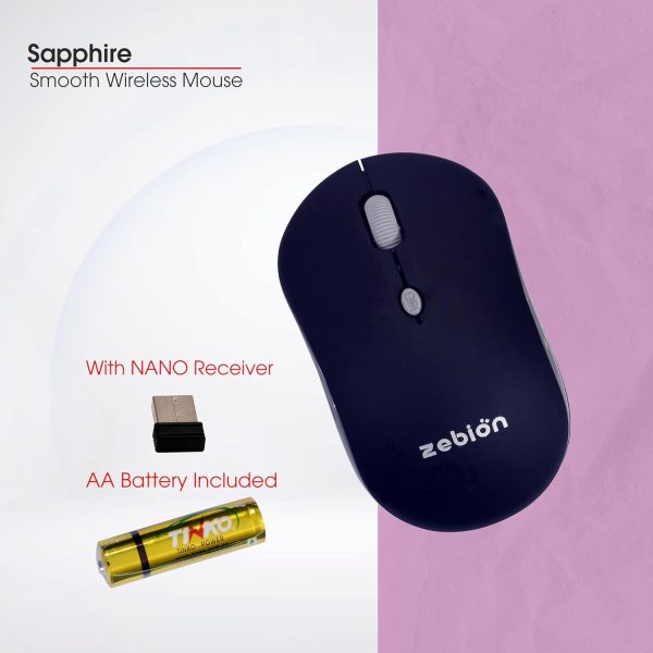 Zebion Sapphire Lightweight Wireless Optical Mouse with 2.4 Ghz, 800/1200/1600 Adjustable DPI and Optical Sensor, Silent Switch, AA Battery Included, Nano Receiver (Black)