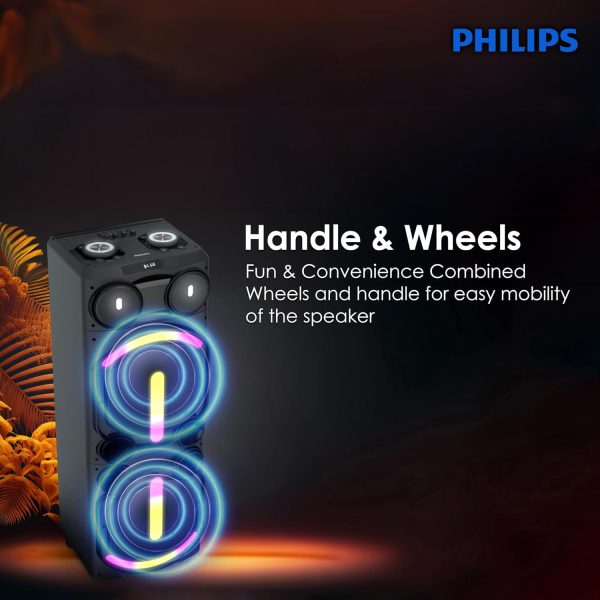 PHILIPS Audio Newly Launched TAX5708 Bluetooth Party Speaker, 400W Max Output - Dynamic Bass Boost & Karaoke | Guitar & Mic Support, Multipoint Connectivity, Party Lights & Handle with Wheels (Black)