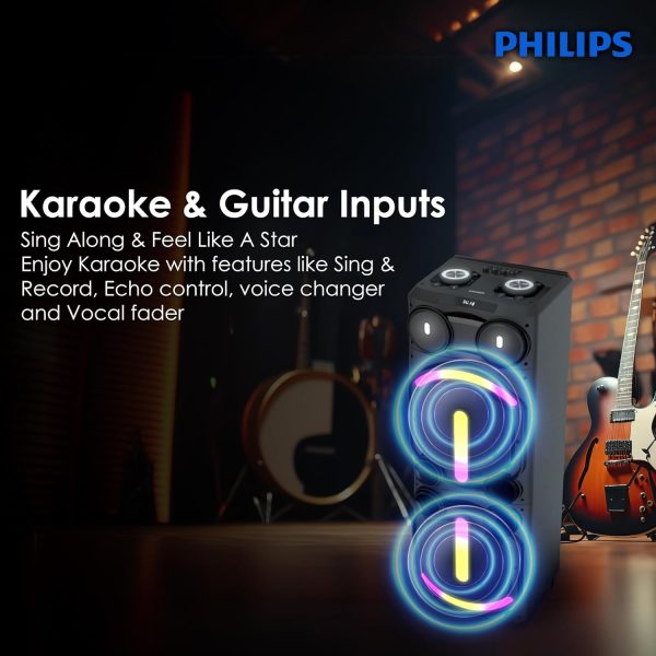 PHILIPS Audio Newly Launched TAX5708 Bluetooth Party Speaker, 400W Max Output - Dynamic Bass Boost & Karaoke | Guitar & Mic Support, Multipoint Connectivity, Party Lights & Handle with Wheels (Black)