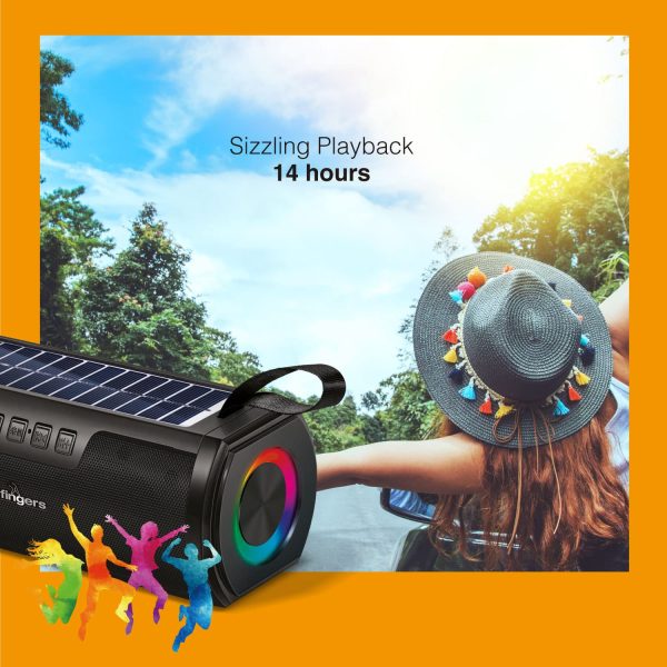 FINGERS SolarHunk2 Portable Speaker with Built-in Solar Charging Panel (RGB Lights | 14+ hrs Playback | Duo Charge – Solar & Power Outlet | Bluetooth, FM Radio, MicroSD, USB, AUX)