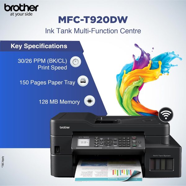 Brother MFC-T920DW Auto Duplex Printer - Print, Scan, Copy, Fax, ADF, WiFi/LAN/USB, Print Up to 15K Pages in Black and 5K in Color Each for (CMY), Get an Extra Black Ink Bottle, Free Installation