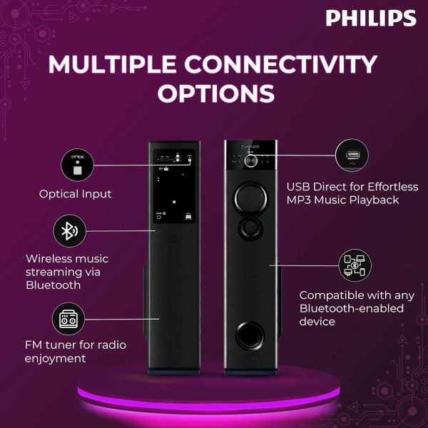 Play Video Click to see more videos Philips Audio SPA9125 2.0CH 130W Multimedia Tower Speakers with Wireless Microphone,Multi-Connectivity Option with Supporting USB, AUX, FM,Mic & Thumping Bass with Karaoke(Black)