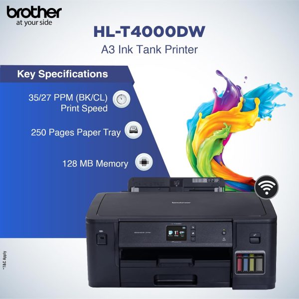 Brother HL-T4000DW A3 Ink Tank Printer, Auto Duplex, WiFi WiFi Direct LAN USB, 128 MB Memory, Print Up to 6500 Pages in Black & 5000 in Color Each for(CMY), Free Installation