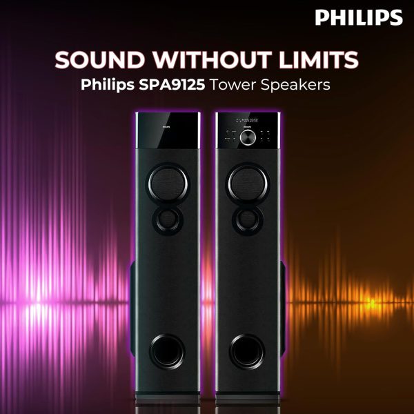 Play Video Click to see more videos Philips Audio SPA9125 2.0CH 130W Multimedia Tower Speakers with Wireless Microphone,Multi-Connectivity Option with Supporting USB, AUX, FM,Mic & Thumping Bass with Karaoke(Black)