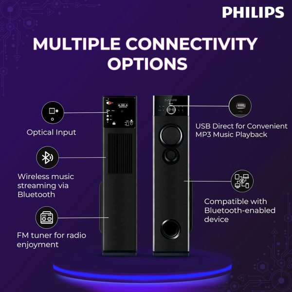 PHILIPS Audio SPA9160 2.0CH 160W Multimedia Tower Speakers with Wireless Microphone,Multi-Connectivity Option with Supporting USB, AUX, FM,Mic & Thumping Bass with Karaoke(Black)