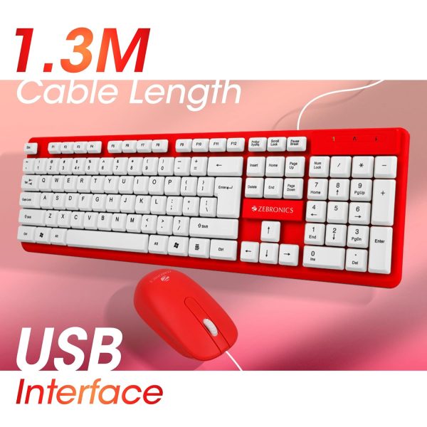 Zebronics JUDWAA 541 USB Keyboard and Mouse Set for Computers & Laptops with 1200 DPI, 1.3 Meter Cable, Retractable Stand, Comfortable Usage, Silent Typing and Matte Finish (Red)