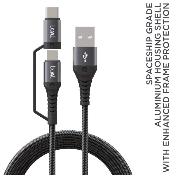 boAt Deuce USB 300 2 in 1 Type-C & Micro USB Stress Resistant, Sturdy Cable with 3A Fast Charging & 480mbps Data Transmission, 10000+ Bends Lifespan and Extended 1.5m Length(Mercurial Black)