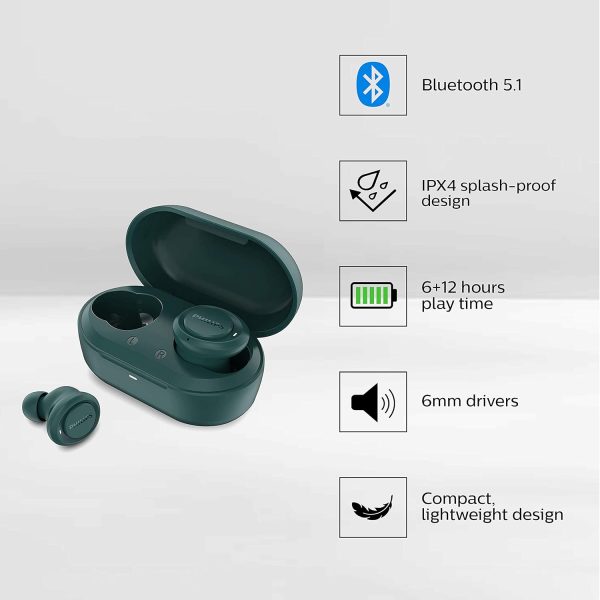 PHILIPS Audio Tat1225 Bluetooth Truly Wireless in Ear Earbuds with Mic (TWS) with 18 Hours Playtime (6+12) Ipx4, Voice Assistant, Noise and Echo Cancellation (Blue)