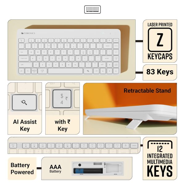 ZEBRONICS Companion 201 2.4GHz Wireless Keyboard & Mouse Combo, 83 Keys, AI Assist Key, 12 Integrated Multimedia Keys, 3 Button Mouse, 1600 DPI, High Precision, Silent Operation (White)