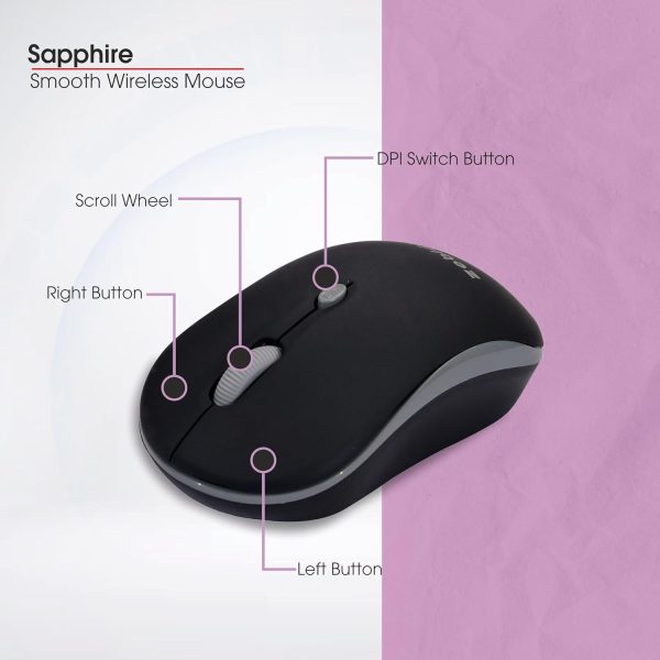 Zebion Sapphire Lightweight Wireless Optical Mouse with 2.4 Ghz, 800/1200/1600 Adjustable DPI and Optical Sensor, Silent Switch, AA Battery Included, Nano Receiver (Black)