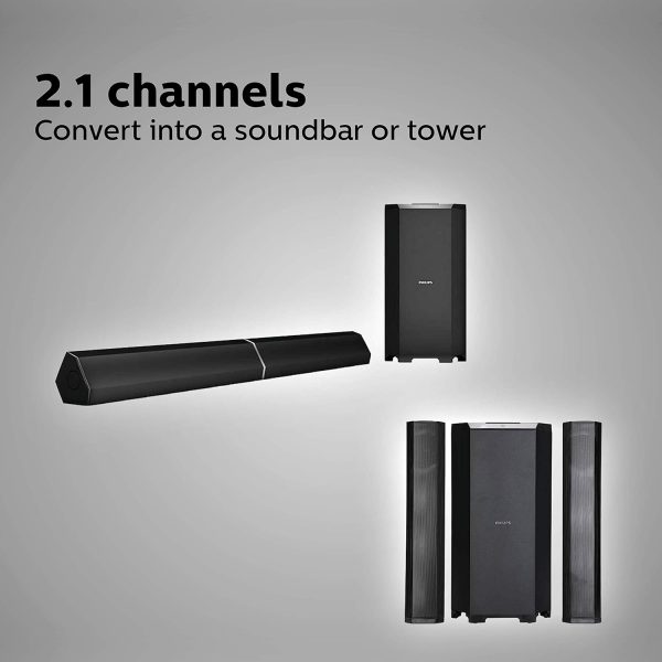 Roll over image to zoom in Philips Convertible Soundbar MMS8085B, 2.1 Channel with Multiple-Connectivity Option,USB in, Bluetooth Connectivity 80 Watt (Black), Superior Sound