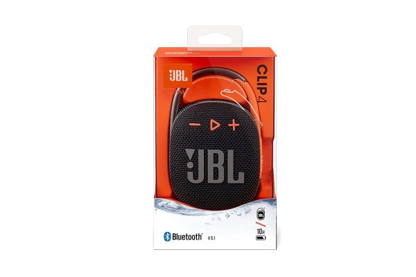 JBL Clip 4, Wireless Ultra Portable Bluetooth Speaker, Pro Sound, Integrated Carabiner, Vibrant Colors with Rugged Fabric Design, Dust & Waterproof, Type C (without Mic, Black & Orange)