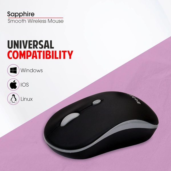 Zebion Sapphire Lightweight Wireless Optical Mouse with 2.4 Ghz, 800/1200/1600 Adjustable DPI and Optical Sensor, Silent Switch, AA Battery Included, Nano Receiver (Black)