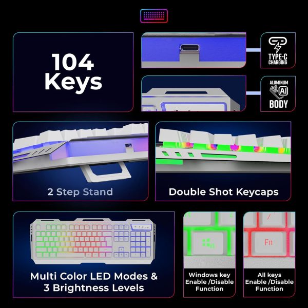 ZEBRONICS New Launch TRANSFORMER PRO Gaming Wireless Keyboard & Mouse Combo with 2.4GHz, Aluminum Body, Built in Battery, MultiColor LED Modes, Type C, Double shot Keycaps, up to 4000 DPI (White)