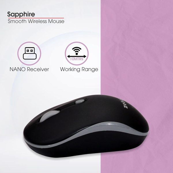 Zebion Sapphire Lightweight Wireless Optical Mouse with 2.4 Ghz, 800/1200/1600 Adjustable DPI and Optical Sensor, Silent Switch, AA Battery Included, Nano Receiver (Black)