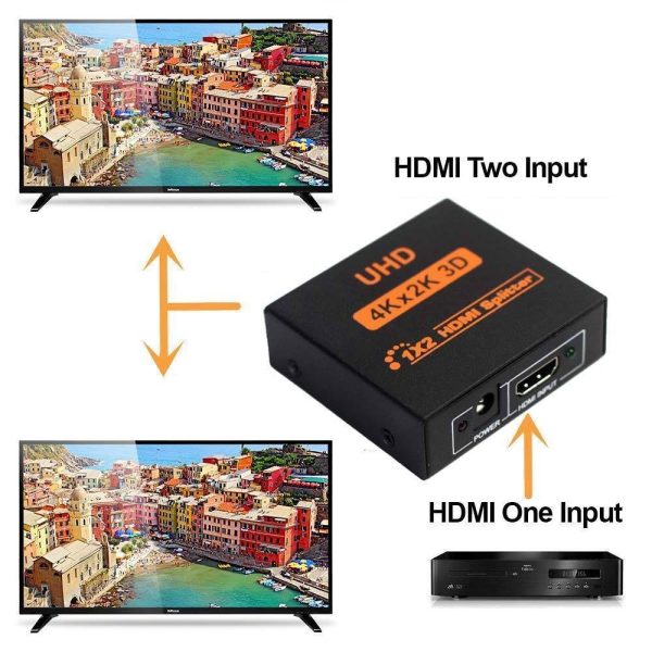 UHD HDMI Splitter, Powered Latest UHD 4Kx2K 3D 1 in 2 out 1X2 2 Port 1080P V1.4 Support 4K / 2K and 3D Resolution -1 Source To 2 Displays