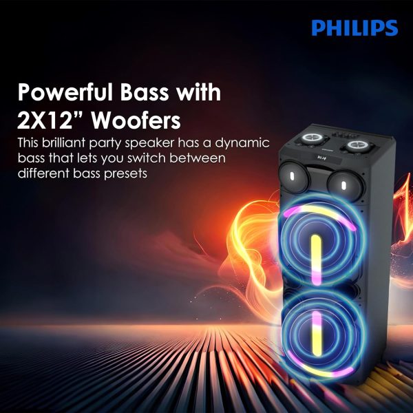 PHILIPS Audio Newly Launched TAX5708 Bluetooth Party Speaker, 400W Max Output - Dynamic Bass Boost & Karaoke | Guitar & Mic Support, Multipoint Connectivity, Party Lights & Handle with Wheels (Black)