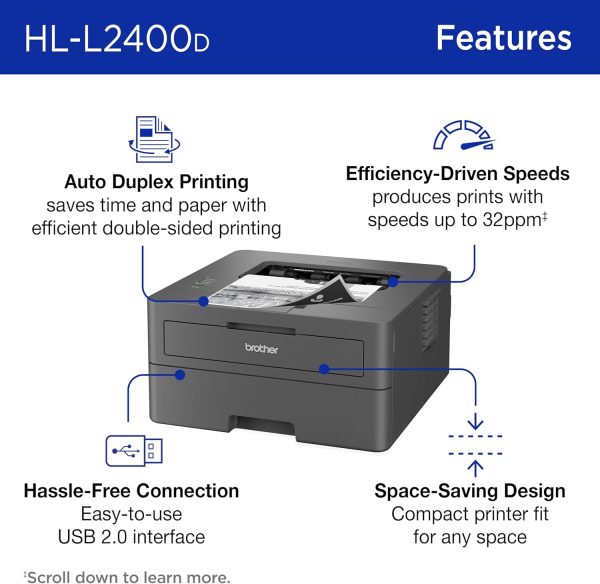 Brother HL-L2400D Compact Monochrome Laser Printer with Duplex Printing, USB Required (Cable not Included), Black & White Output