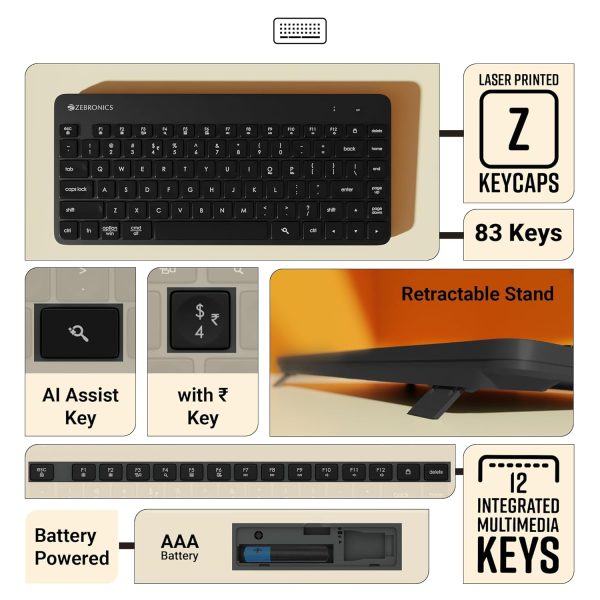 ZEBRONICS Companion 201 2.4GHz Wireless Keyboard & Mouse Combo, 83 Keys, AI Assist Key, 12 Integrated Multimedia Keys, 3 Button Mouse, 1600 DPI, High Precision, Silent Operation (Black)